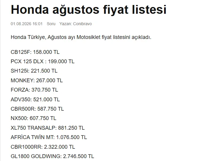 Honda ağustos fiyat listesi - geçmiş olsun
